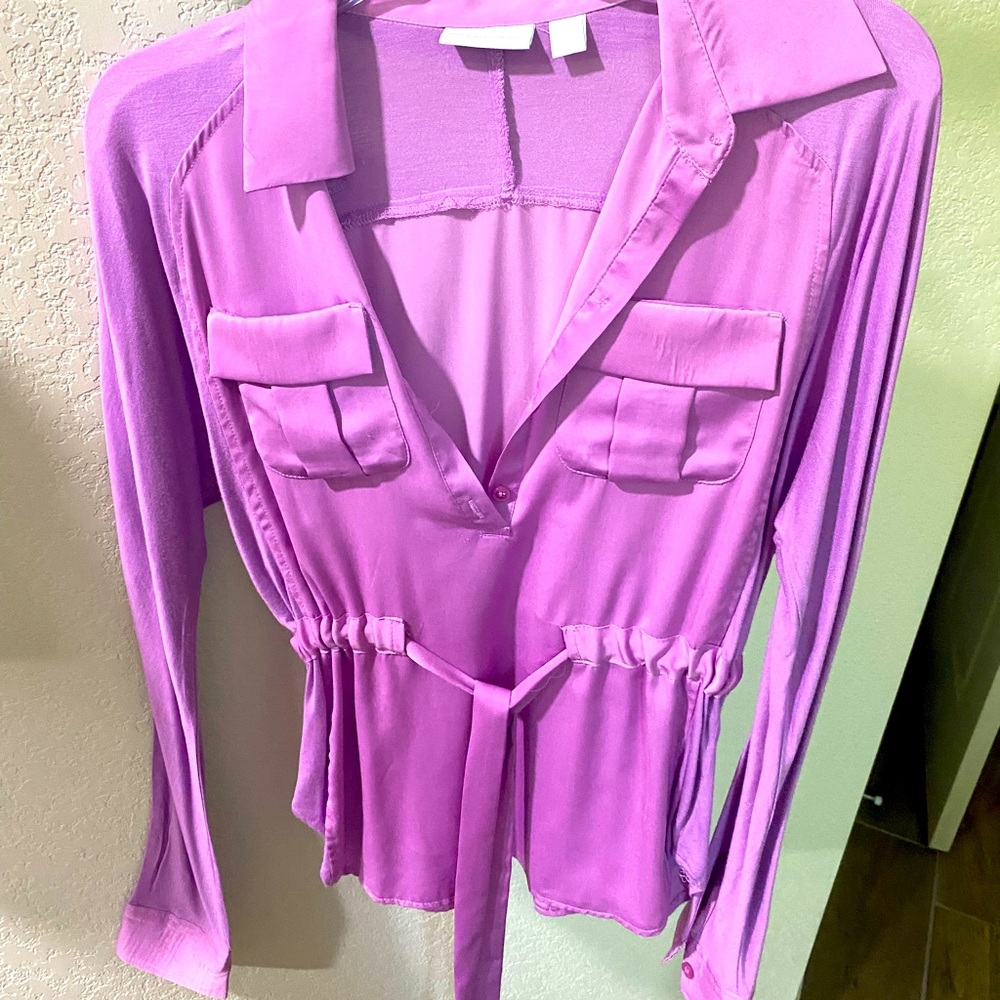Lavender blouse with partial satin materials.